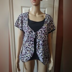 Notations Layered Look Top Blouse Women's Large Short Sleeve Crinkled